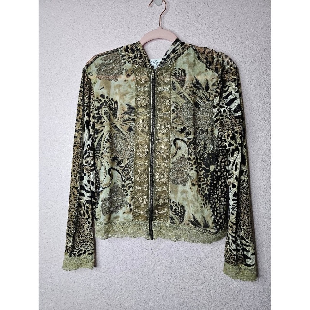 Dressbarn Womens Large Animal Print Mesh Zip Up Hoodie Sequin Lace Trim Y2K